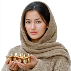 Serene Woman Holding Lit Golden Candles in Beige Scarf