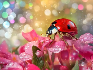 Obraz premium Vibrant Ladybug on Dewy Pink Flowers, Sparkling Bokeh Background