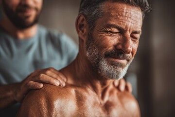 Mature man receiving a shoulder massage from a professional therapist in a spa, enjoying the relaxation and muscle relief with eyes closed and a peaceful expression.