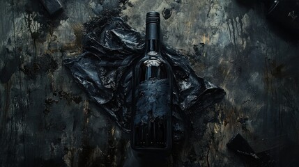 Dark wine bottle draped in a black cloth, on a textured surface