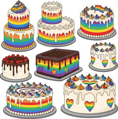 A vibrant vector illustration of a collection of pride cakes, each adorned with colorful frosting and rainbow sprinkles