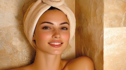 Serene Woman Relaxing in Spa Setting with Warm Golden Lighting
