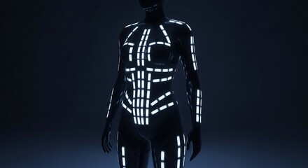 Illuminated suit fashion show futuristic design glowing light technology costume dark background style
