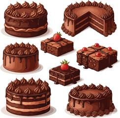 A vibrant vector illustration of a variety of chocolate cakes, each showcasing a different design and style.