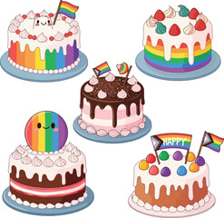 A whimsical vector illustration of several cute and beautifully designed pride cakes. Each cake is unique, showcasing a rainbow of colors and LGBTQ+ themes in creative ways