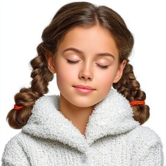 Serene Young Girl in Fluffy White Hooded Robe, Peaceful Expression, White Background