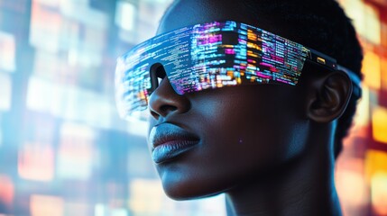 Woman wearing futuristic glasses displaying code
