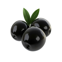 Three Glossy Black Olives with Leaves
