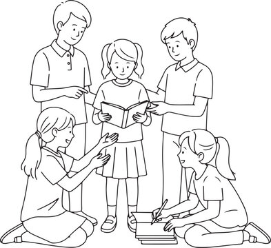 line art depicting a group of children helping a classmate with their studies or a project