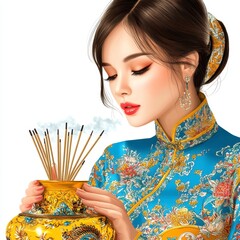 Serene Young Woman in Blue Floral Dress with Ornate Incense Burner