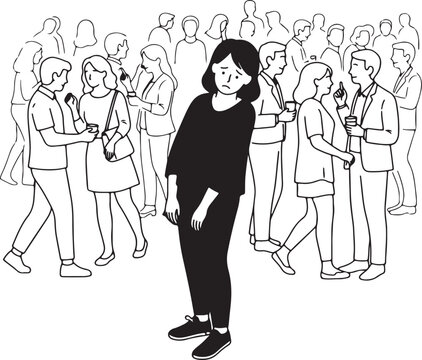 Monochrome Illustration of a Sad, Isolated Woman in a Crowd.
