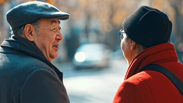 Warm conversation between elderly people on an autumn street - Powered by Adobe
