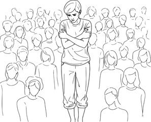 Monochrome Line Art Illustration of an Isolated Boy in a Crowd