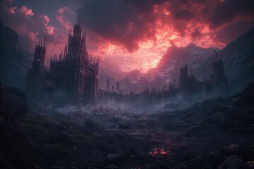 A dark and foreboding cityscape with towering structures silhouetted against a fiery red sky, evoking a sense of doom and decay in a desolate landscape