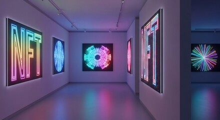 Nft digital art gallery exhibition showcasing blockchain technology and crypto art investment trends