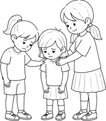 Vector line art depicts three children, two offering comfort to a friend who appears downcast