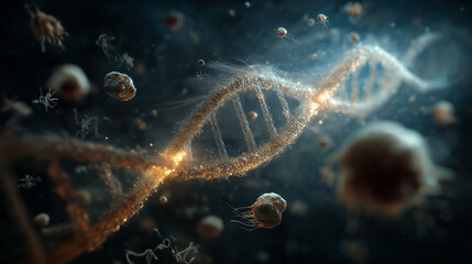 Glowing DNA strand forms a universal equation with floating life forms, symbolizing the unity of biological theory.