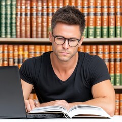 Serious Man with Glasses Reads an Open Book in Library Setting Next to Laptop