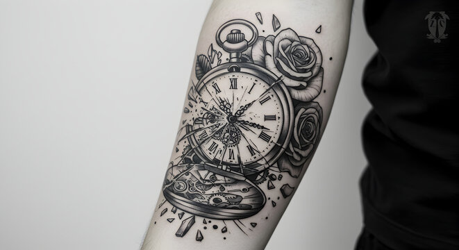 Detailed grayscale forearm tattoo design featuring shattered pocket watch and roses