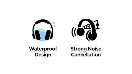 Obraz premium Black and white headphone icon, representing waterproof design and strong noise reduction, used for audio scenes in sports and noisy environments.