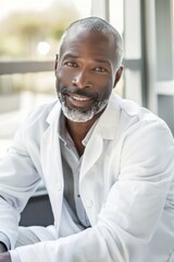 Portrait of a Smiling Mature African American Male Doctor Wearing a White Coat Professional Healthcare Medical Image Studio Shot Happy Doctor Friendly Doctor man face calm model adult photo color     