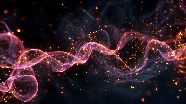 Detailed tendrils of neon smoke intertwined with bright glitter sparks on a black background