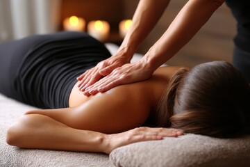 Obraz premium Woman receiving professional massage therapy at spa, promoting relaxation and muscle relief, with soft lighting and a calming atmosphere for ultimate wellness.