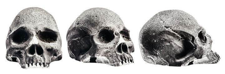 Isolated photo of stone human skull on white background.