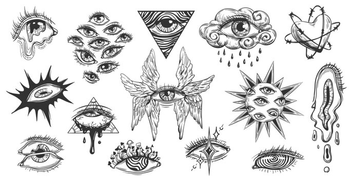 Esoteric human eye with angel wings. Sketch melting female eye for tattoos and prints. Heart with barbed wire. Triangle with eye, blood tears, cloud