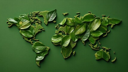 World map outlined in green with leaves