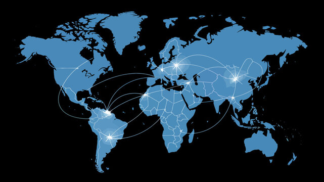 Global Network Map showcasing international connections and worldwide communication routes ideal for presentations business reports and website design