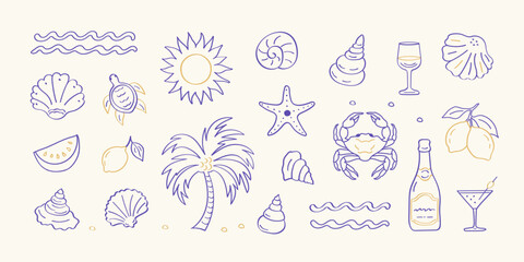 Hand-drawn summer icons in minimalist line art style: palm tree, lemons, cocktail, vine, sun, sea, crab, and seashells. Ideal for vacation, ocean vibes, travel, and beach party themes. Vector art.
