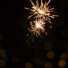 Fototapeta premium burning sparkler on bokeh background from lights of garland