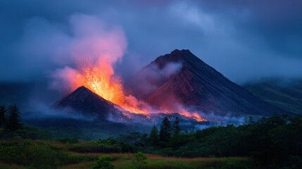 Erupting Mountain Peak: Majestic Display of Nature's Fury and Beauty