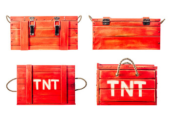 Isolated photo of wooden red colored tnt explosives box on white background.
