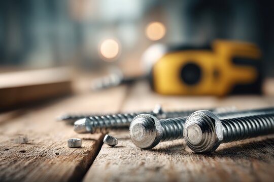 A close-up of shiny new bolts and nuts laid out on a wooden surface, complemented by a yellow measuring tape and other tools, suggesting a workshop environment.
