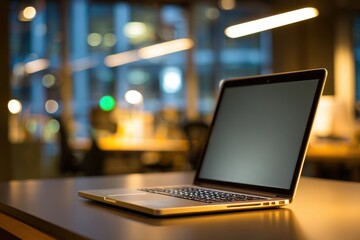 A sleek laptop sits on a modern desk in an open office space, illuminated by ambient light, creating a productive and inviting work environment for collaboration.
