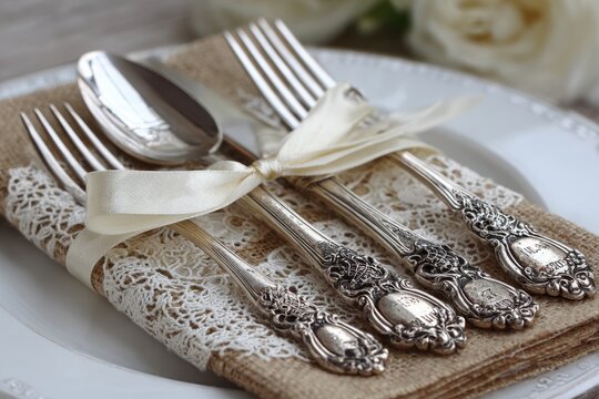 Elegant vintage silverware tied with a delicate ribbon, resting on a rustic burlap napkin adorned with lace, sitting on a white plate with soft white roses background.