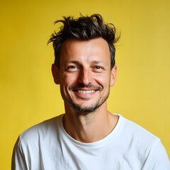 Obraz premium Happy Smiling Man Portrait Yellow Background Studio Shot
