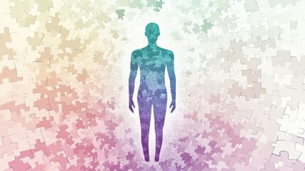Person silhouette amidst colorful puzzle pieces, suggesting a holistic approach to well-being