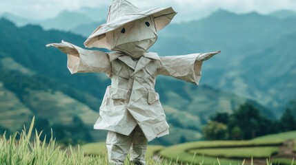 Origami scarecrow in a field
