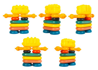 Isolated photo of antique ussr soviet plastic robot toy on white background.