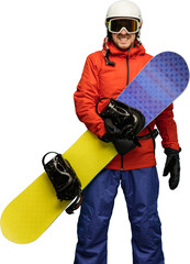 Smiling snowboarder in red jacket holds colorful board while posing in full winter gear with helmet...