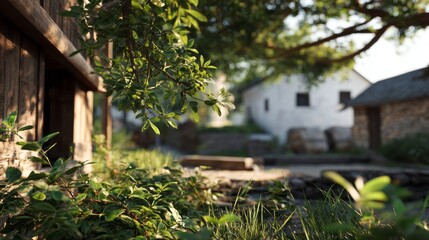 Serene Village Scene Lush Greenery Old Wooden House Sunny Day Tranquil Atmosphere Peaceful Countryside Idyllic Rural Setting Picturesque Village Homes Natural Light Beams Sunlight Through Leaves Green