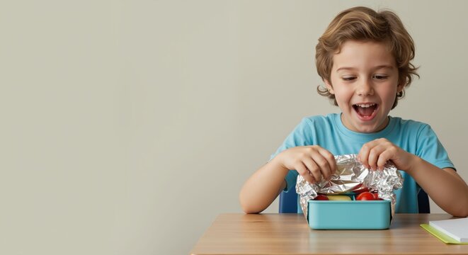 Excited boy opening lunchbox filled with snacks at the table  