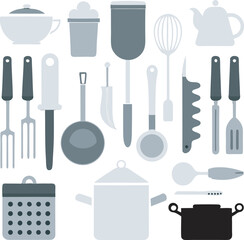A collection of stylized kitchen tools and utensils, featuring various common cooking implements like spatulas, whisks, and grates, rendered with a clean and simple graphic aesthetic.