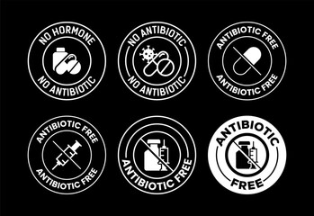Antibiotic free icons set design, No antibiotic label sign white on black background