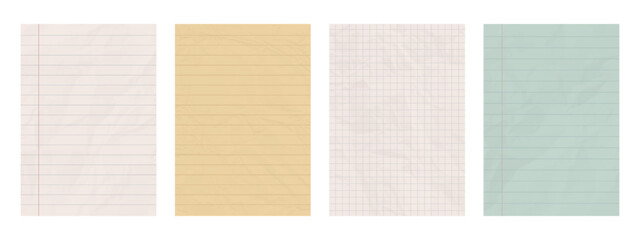 Old lined and checkered paper. Blank vintage crumpled notebook ruled pages 