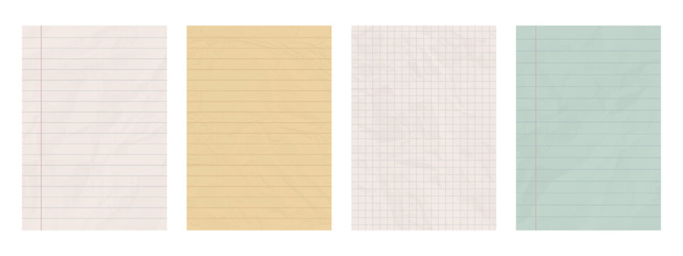 Old lined and checkered paper. Blank vintage crumpled notebook ruled pages 