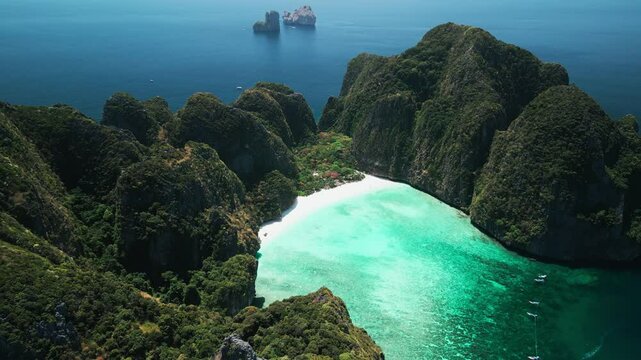 Drone Flyover of Turquoise Maya Bay in Phi Phi Islands, Krabi Thailand